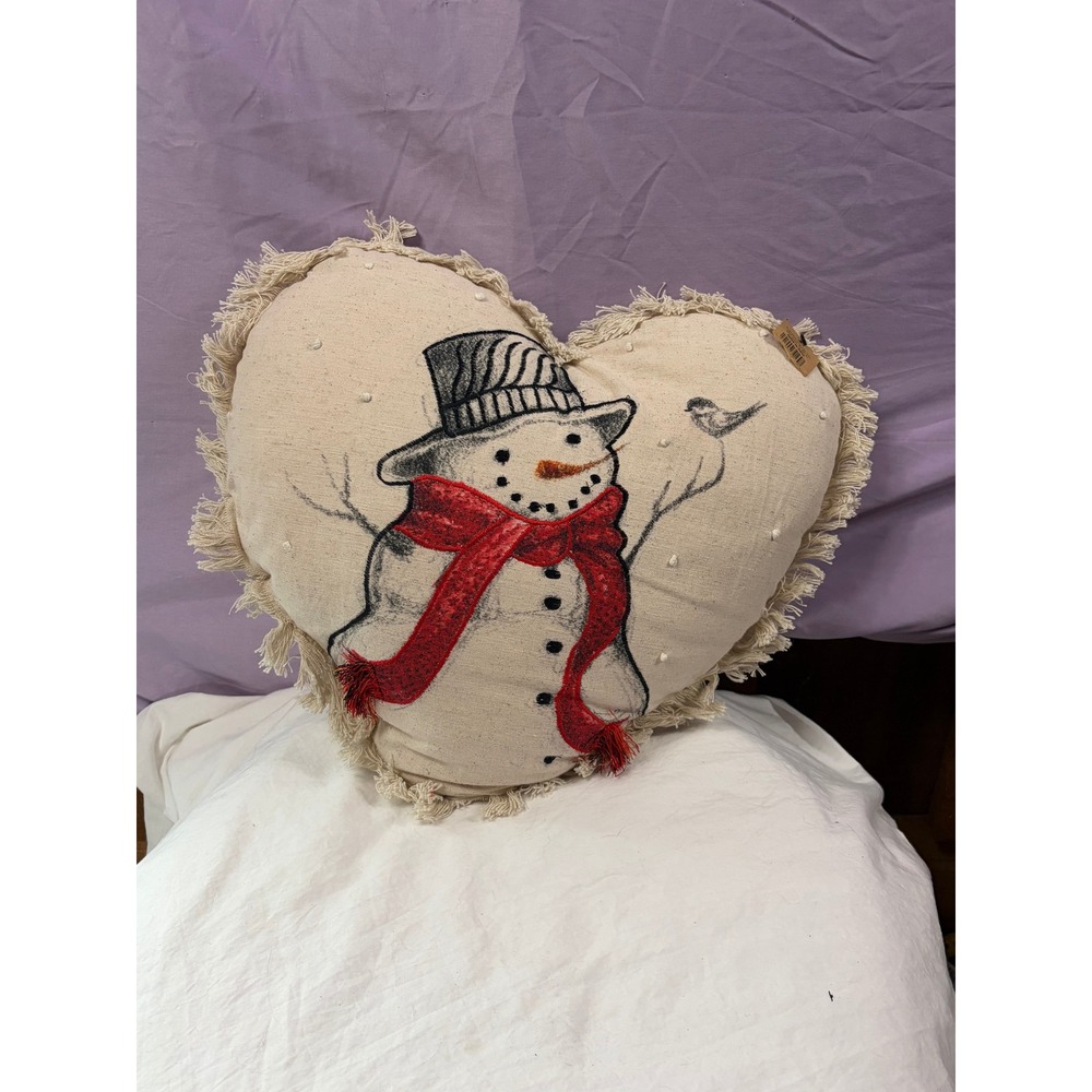 Creative Co-op Snowman Heart Throw Pillow Red Scarf Fringed Christmas Decor NWT